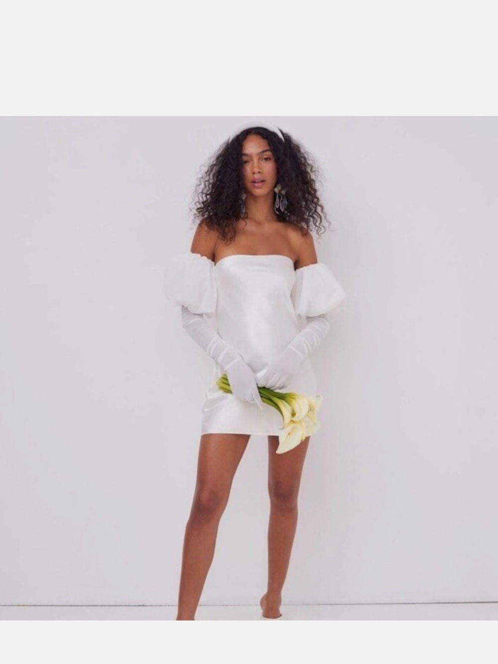 For Love & Lemons White Satin Off-Shoulder Mini Dress with Puff Sleeves